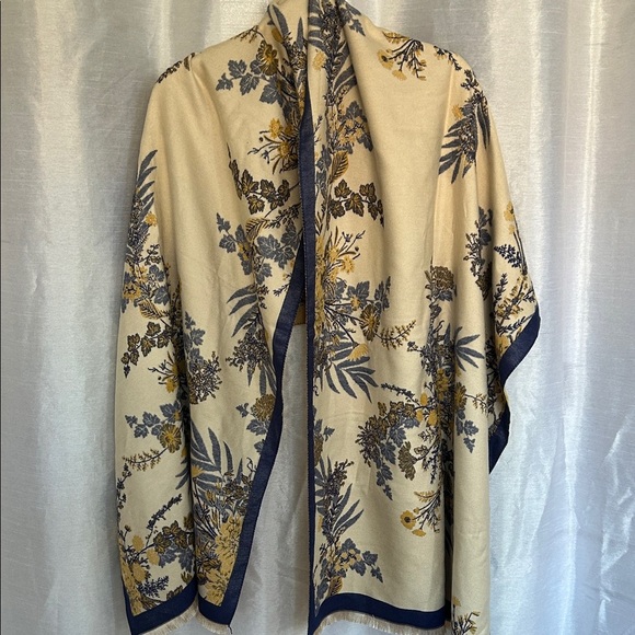 Floral Patterned Shawl Scarf with Blue and Gold Accents - Picture 2 of 7